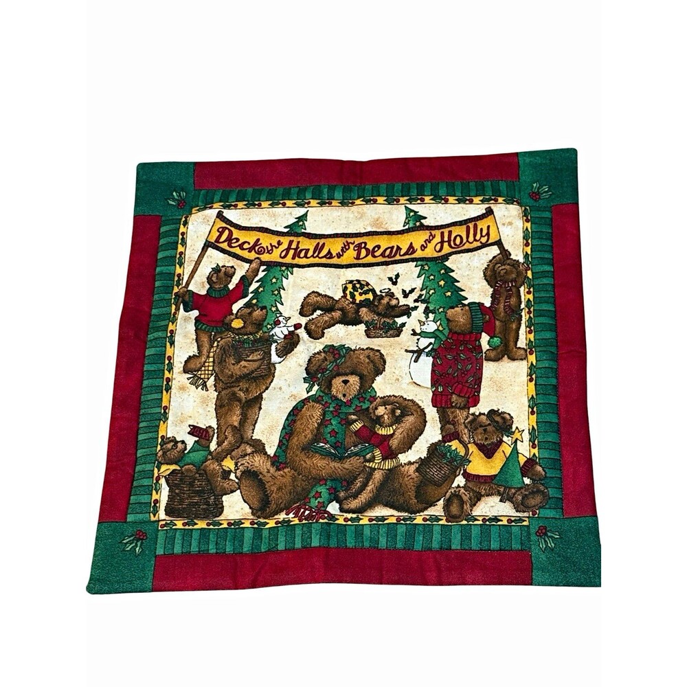 Christmas Teddy Bear Fabric Wall Hanging Deck the Halls Bears Holly 14x14